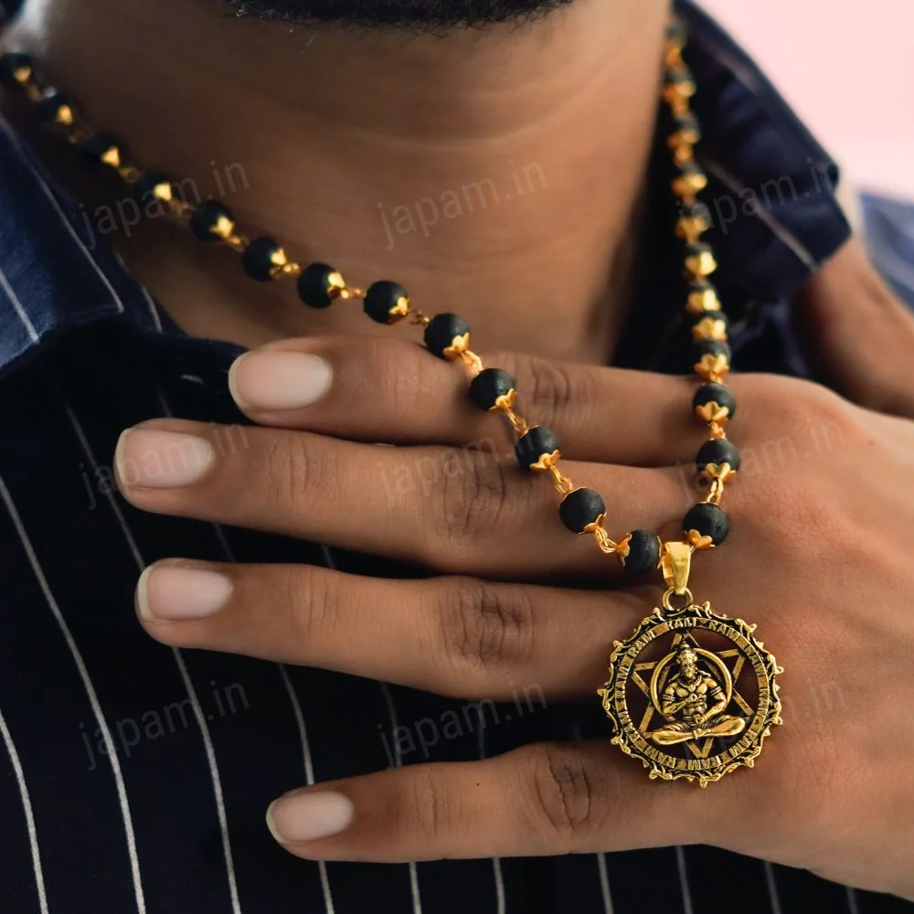 Gold Plated Karungali Necklace with Hanuman Pendant - Image 4