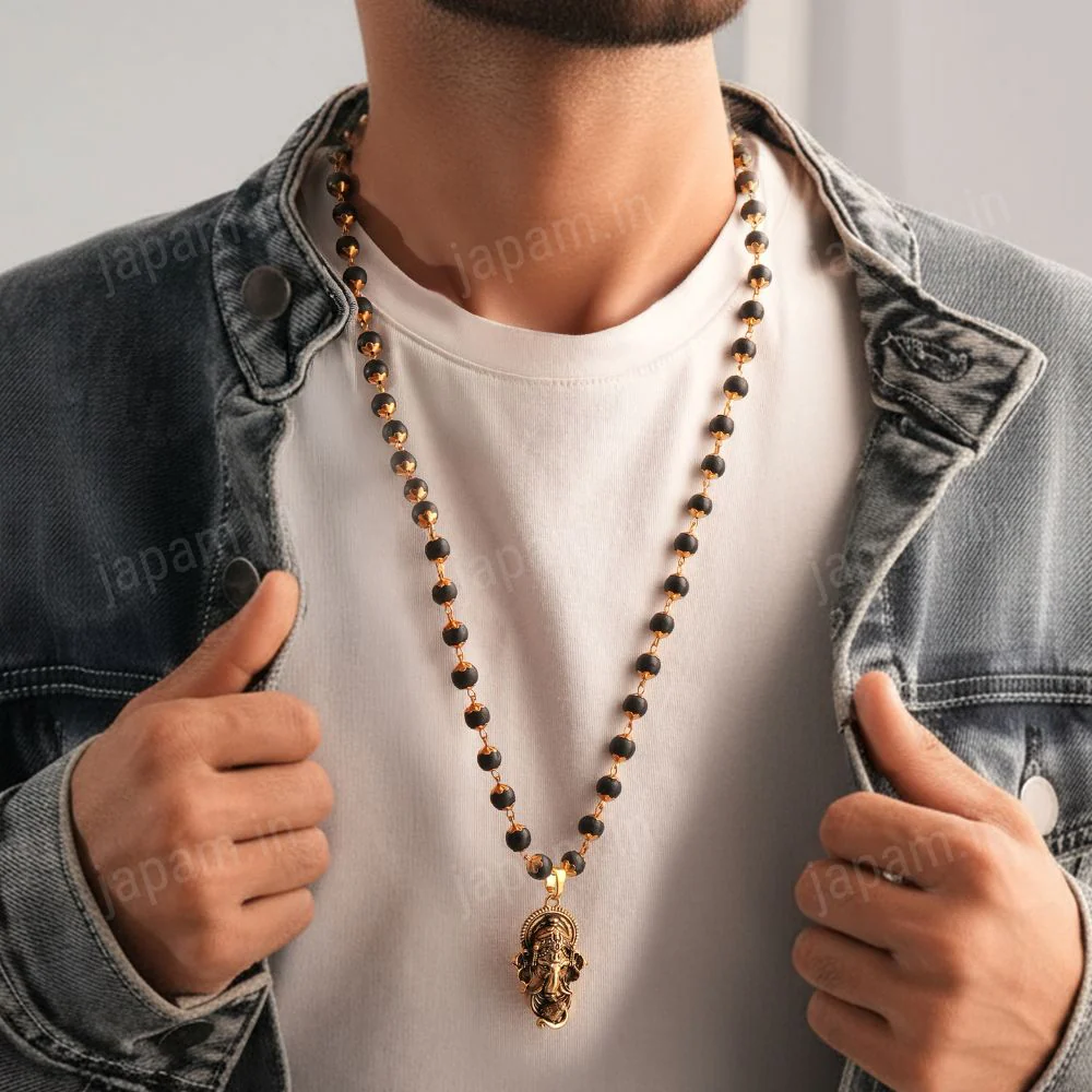 Gold Plated Karungali Necklace with Lord Ganesha Pendant - Image 2