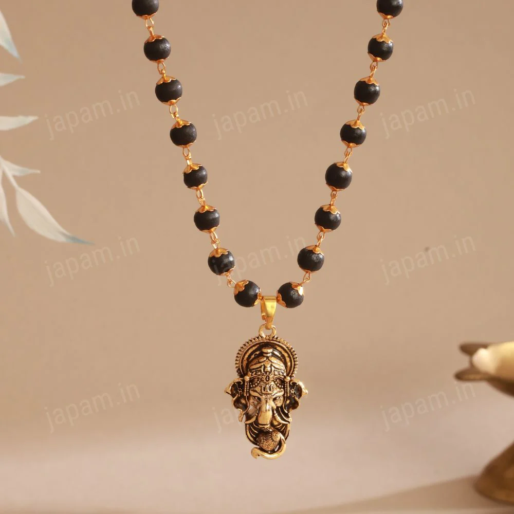 Gold Plated Karungali Necklace with Lord Ganesha Pendant - Image 4