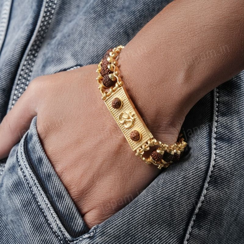 Gold Plated Modern Om Rudraksha Bracelet - Image 5