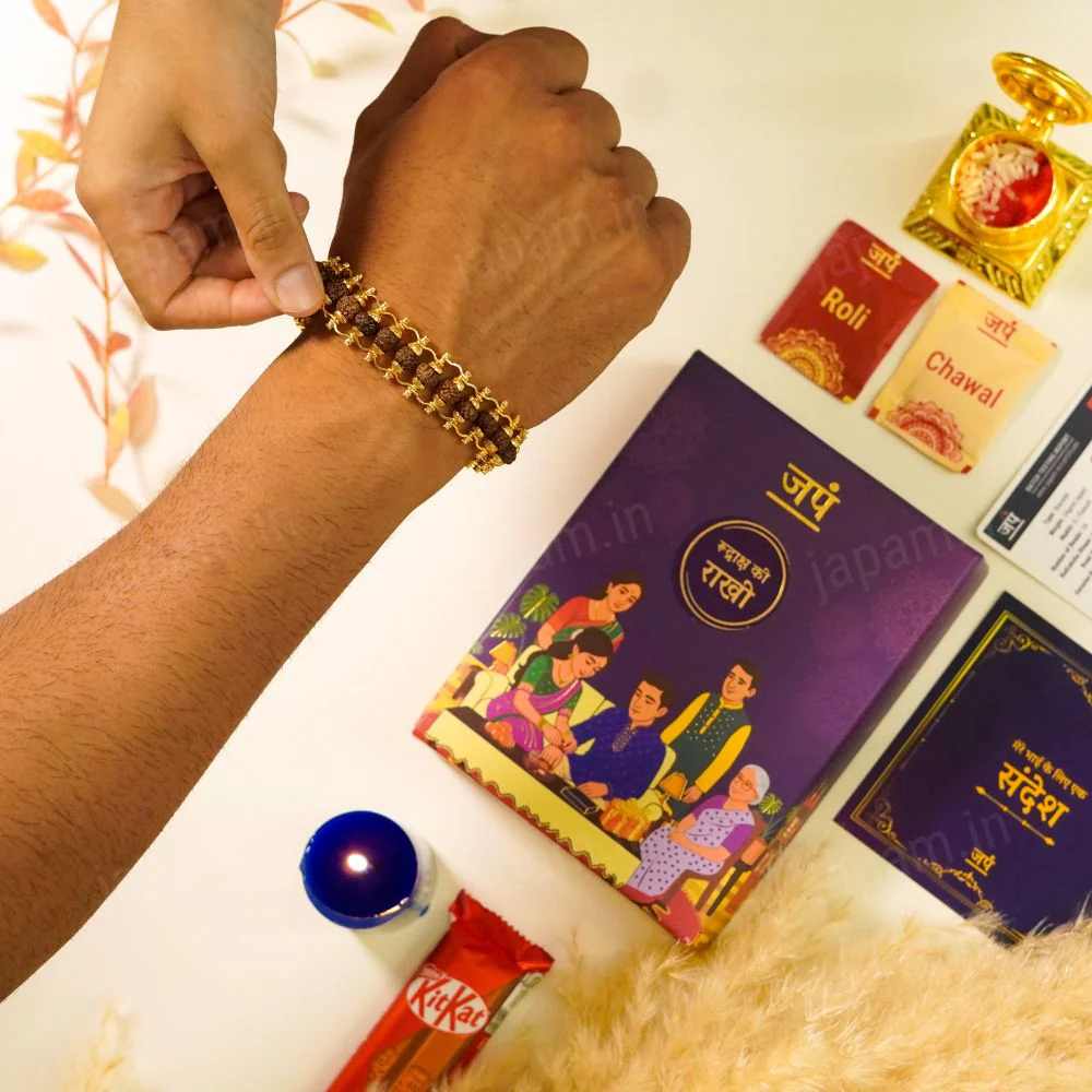 Gold Plated Modern Rudraksha Ki Rakhi - Complete Rakhi Hamper - Image 2