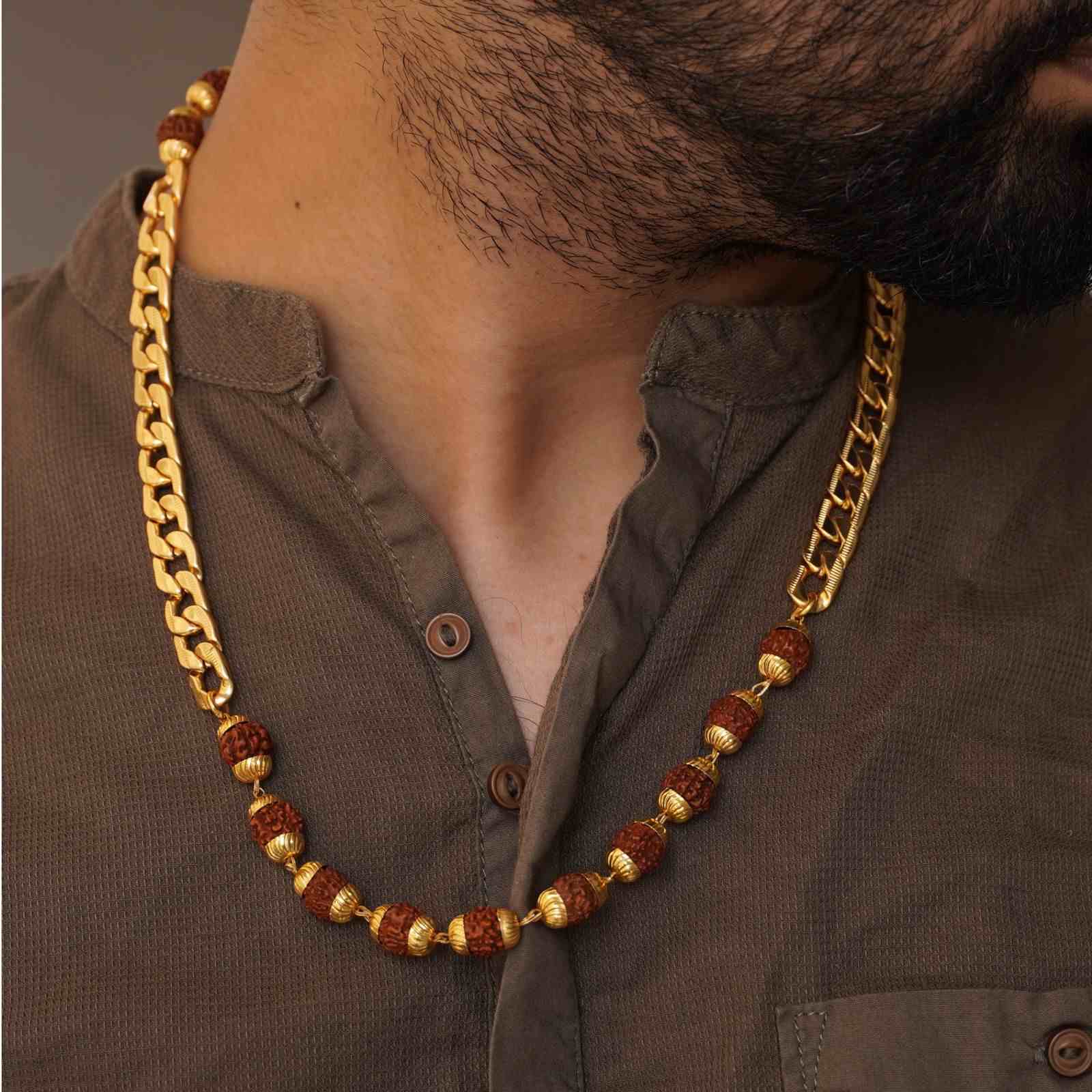 Gold Plated Rudraksha Links Necklace For Men - Image 3