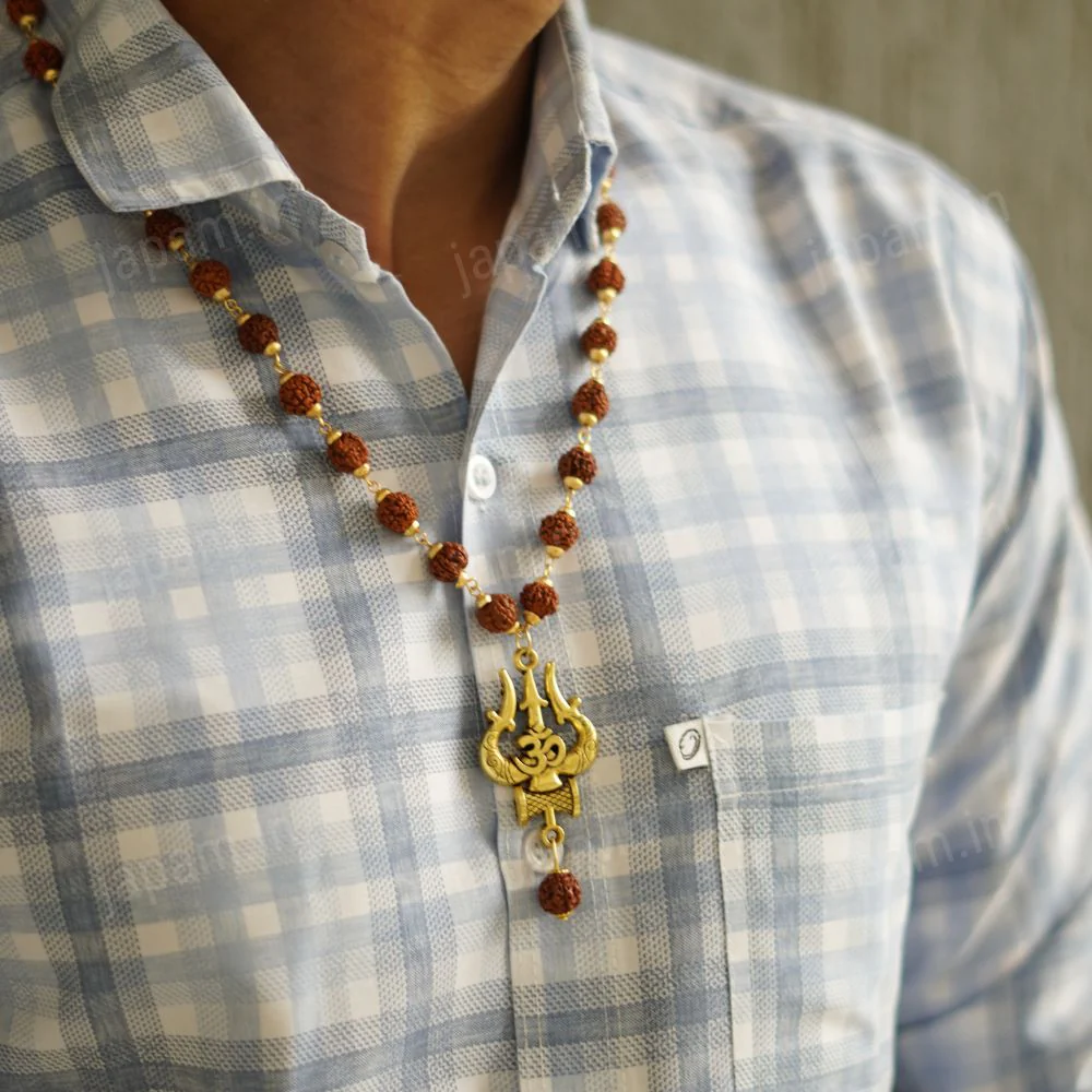 Gold Plated Rudraksha Om Trishool Necklace - Image 2