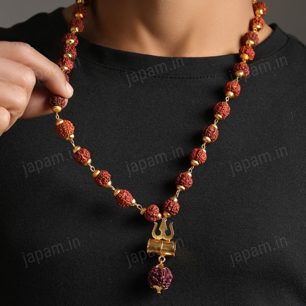 Gold Plated Rudraksha Trishool Necklace - Image 4