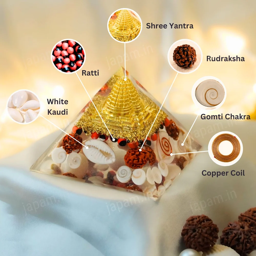 Golden Lakshmi Money Magnet Pyramid with Rudraksha, Shree Yantra, Gomti Chakra & White Kaudi - Image 2
