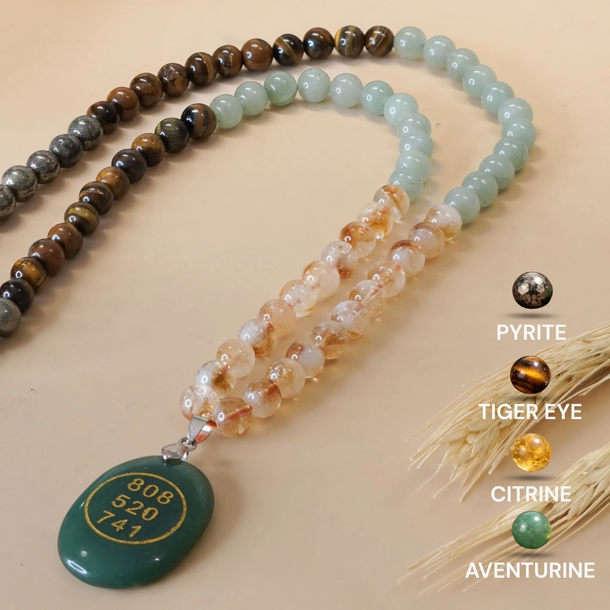 Money Magnet Fusion Mala with Zibu Pendant - Pyrite, Tiger Eye, Citrine & Aventurine Beads - Image 3