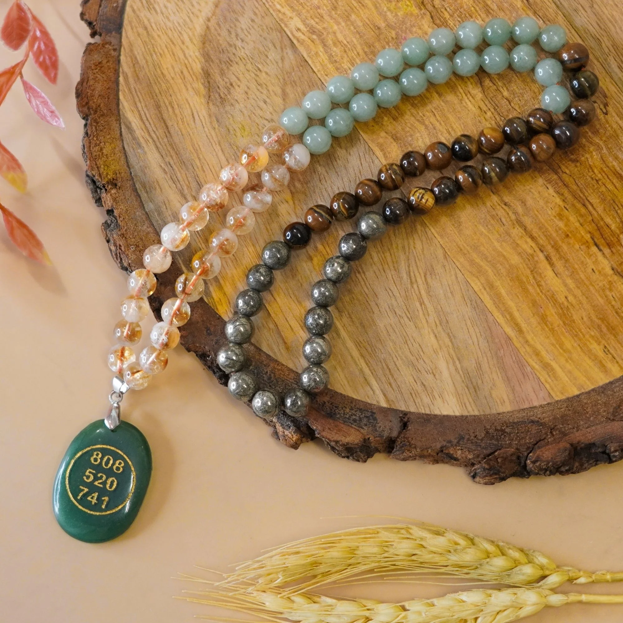 Money Magnet Fusion Mala with Zibu Pendant - Pyrite, Tiger Eye, Citrine & Aventurine Beads - Image 5