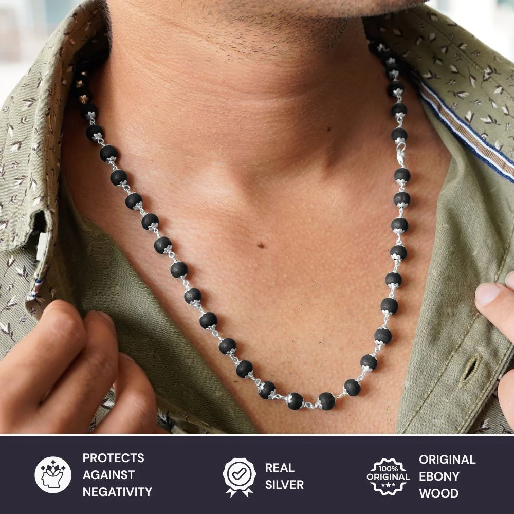 Pure 92.5 Sterling Silver Karungali Mala - Natural Ebony Wood - Image 5