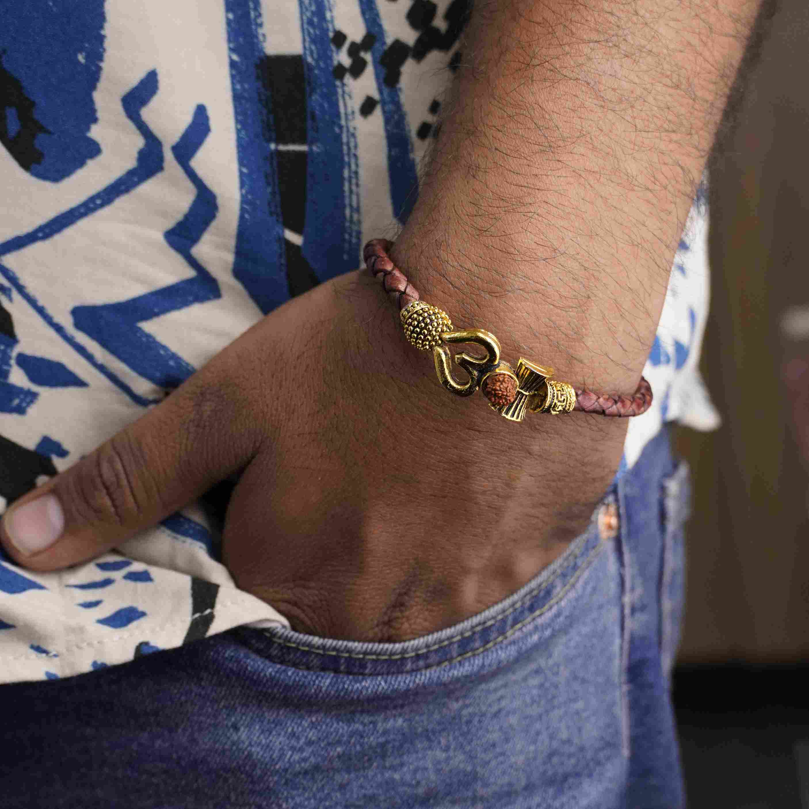 Rustic Om Rudraksha Leather Bracelet For Men - Image 4