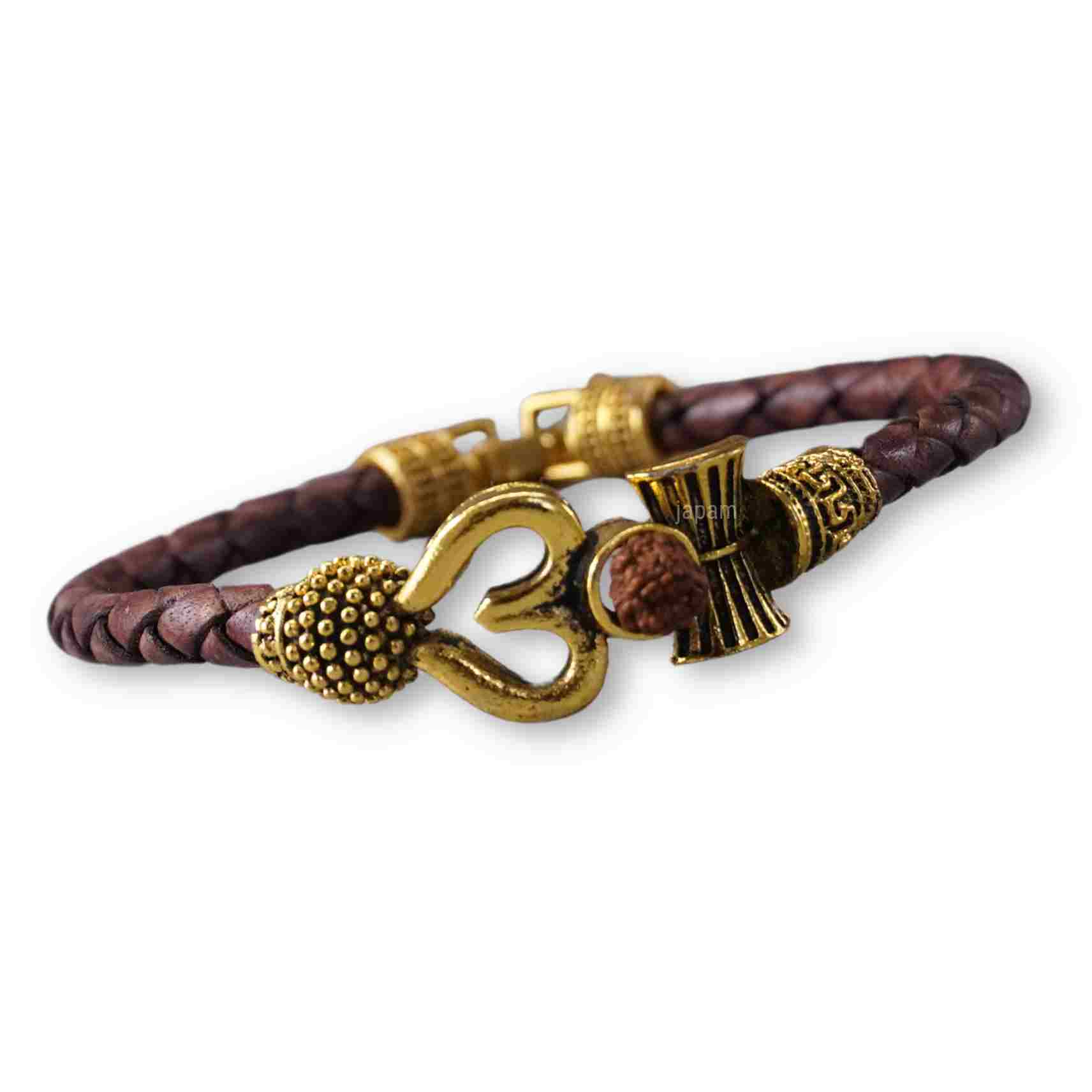 Rustic Om Rudraksha Leather Bracelet For Men - Image 5
