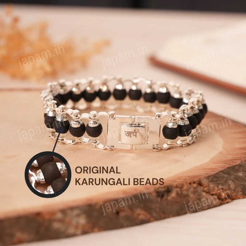 Silver Plated Karungali Modern Bracelet - Natural Ebony Wood - Image 2