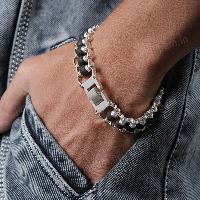 Silver Plated Karungali Modern Bracelet - Natural Ebony Wood - Image 3