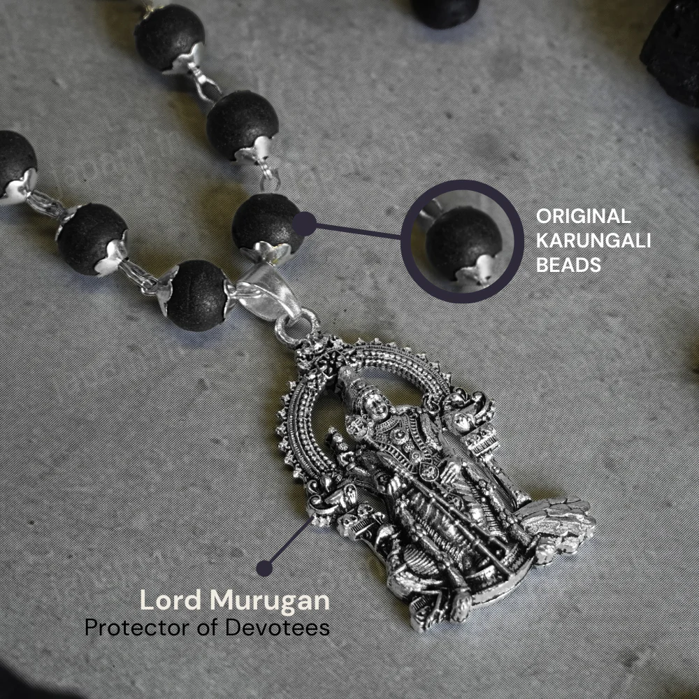 Silver Plated Karungali Necklace with Murugan Pendant - Image 2