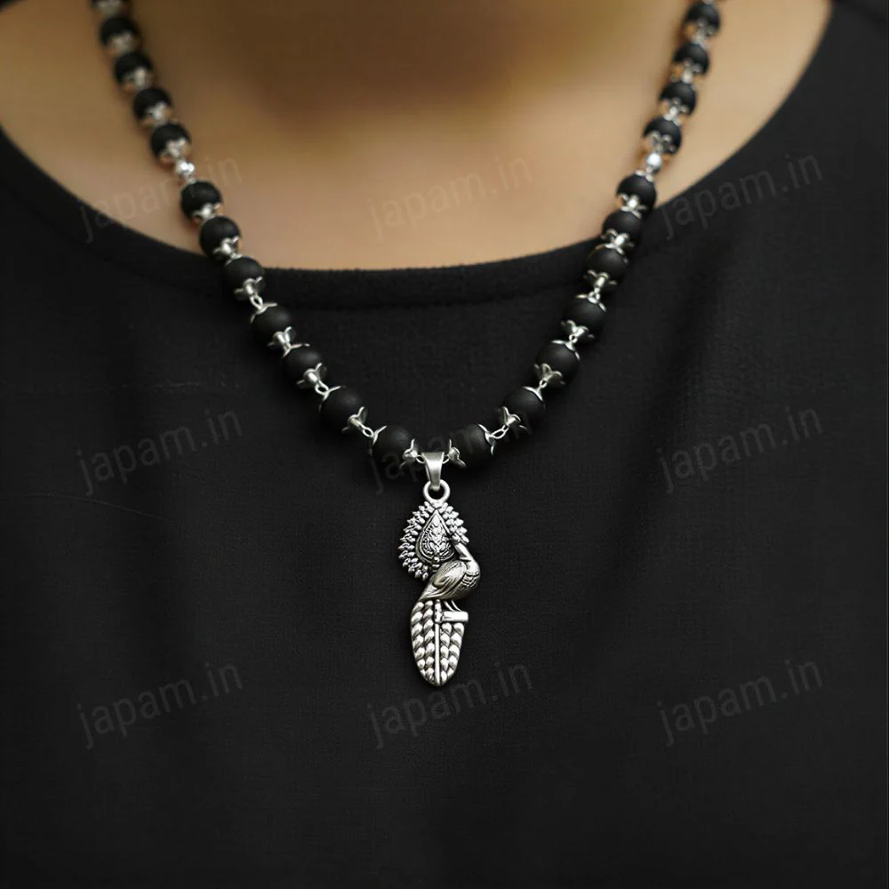 Silver Plated Karungali Necklace with Peacock Pendant - Image 2
