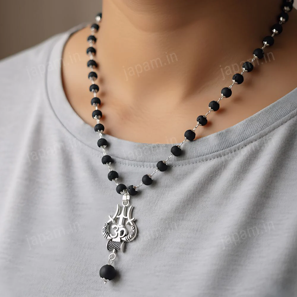 Silver Plated Karungali Necklace with Trishool Pendant - Image 2