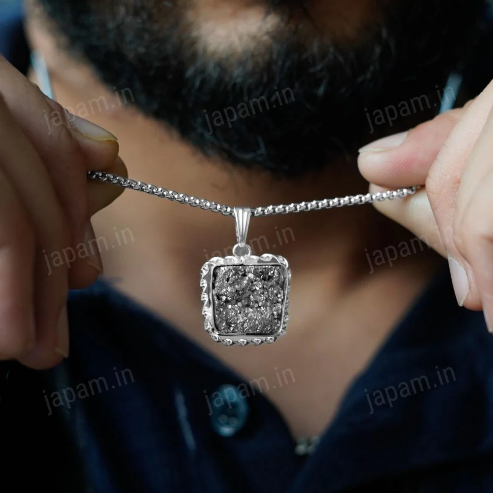 Silver Plated Raw Pyrite Stone Pendant - Image 2