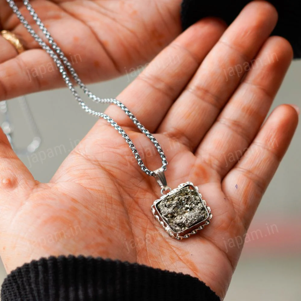 Silver Plated Raw Pyrite Stone Pendant - Image 3
