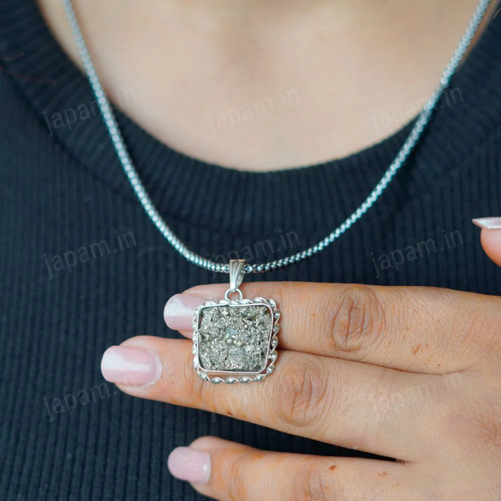 Silver Plated Raw Pyrite Stone Pendant - Image 4