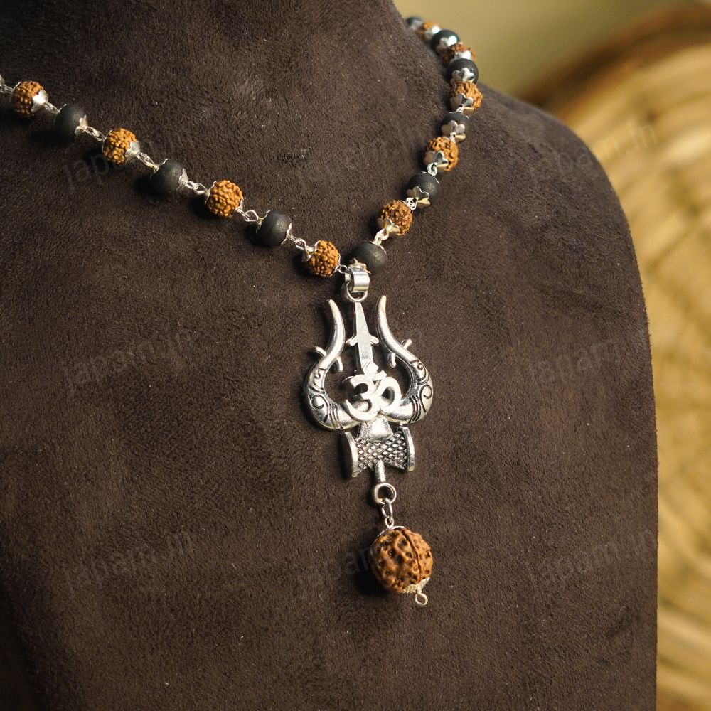 Silver Plated Rudraksha & Karungali Mala with Trishul Pendant - Image 3