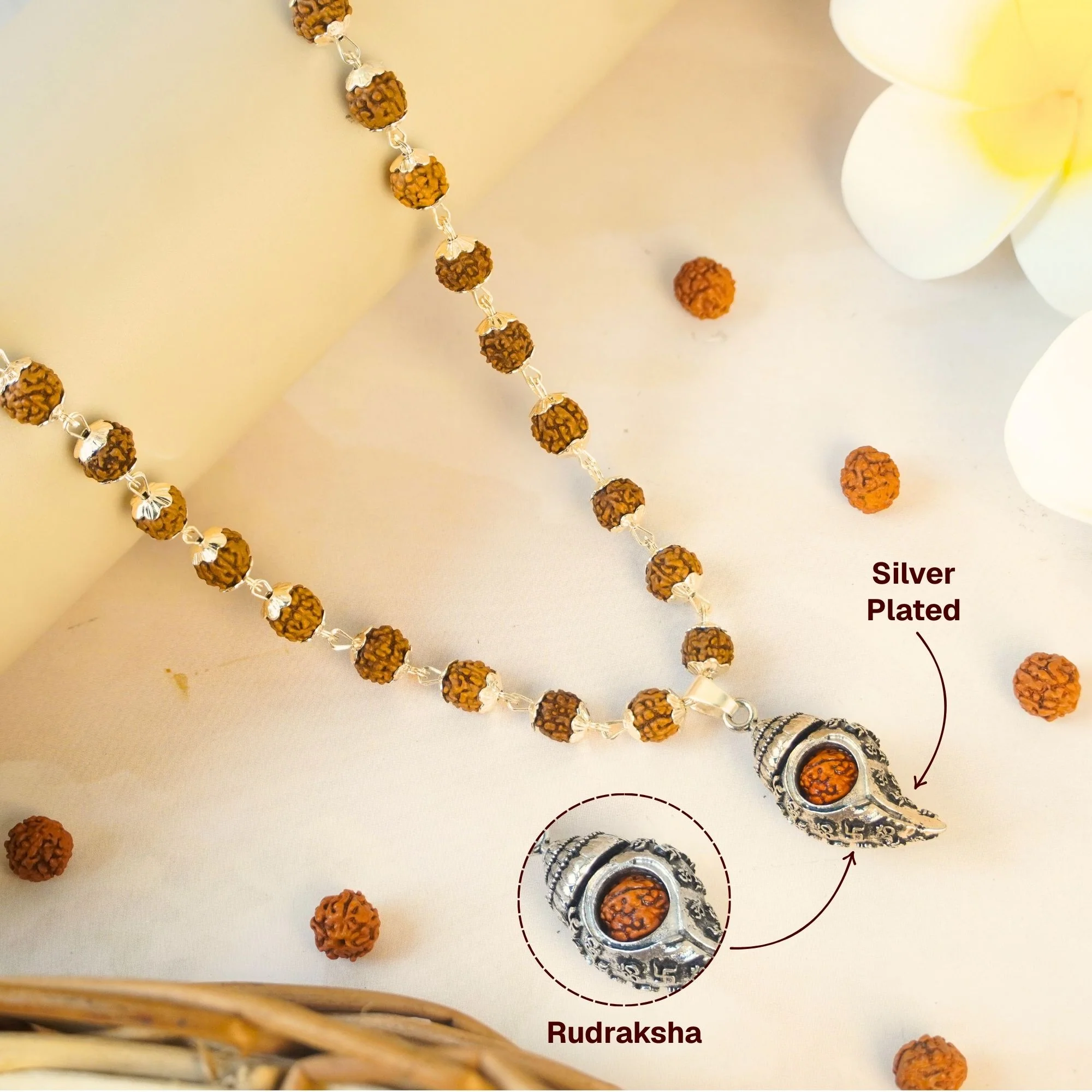 Silver Plated Shiv Shankh Rudraksha Mala - Image 2