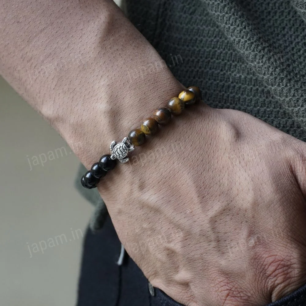 Tiger Eye & Black Obsidian Turtle Good Luck Band - Image 2