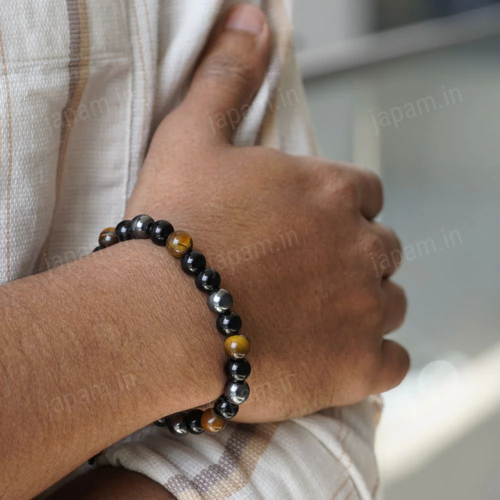 Triple Protection Tie-Up Band with Tiger Eye, Black Obsidian & Hematite Beads - Image 2